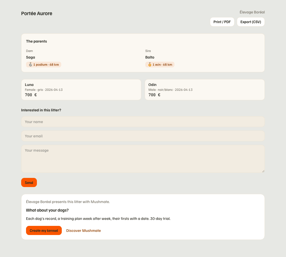 A litter's public page, visitor side: the parents, the puppies and the "Interested in this litter?" form.