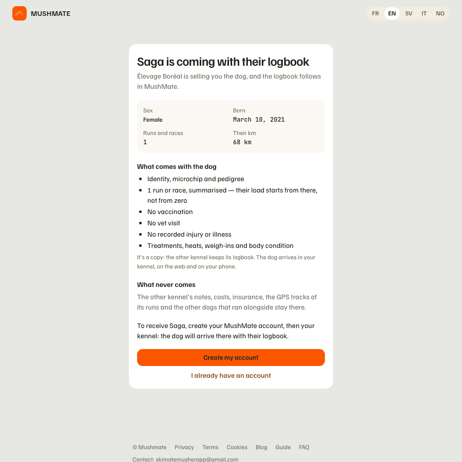 An adult dog's link: "Pixel is coming with their logbook", their career, what comes with them.