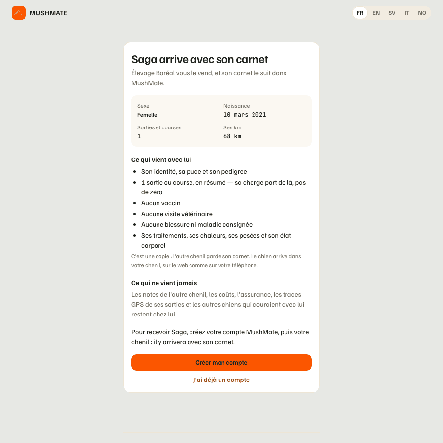 Le lien d'un chien adulte : « Pixel arrive avec son carnet », sa carrière, ce qui vient avec lui.