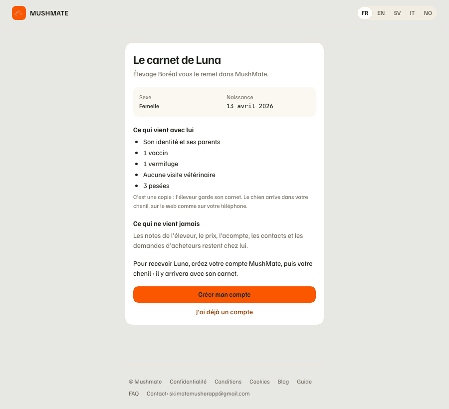 Le lien de remise, vu sans compte : ce qui vient avec le chiot, ce qui ne vient jamais, et le bouton « Créer mon compte ».