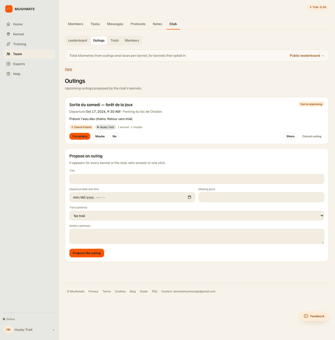 The Outings tab: a club outing with its answers, the "I'm coming", "Maybe", "No", "Share" buttons, and the "Propose an outing" form.