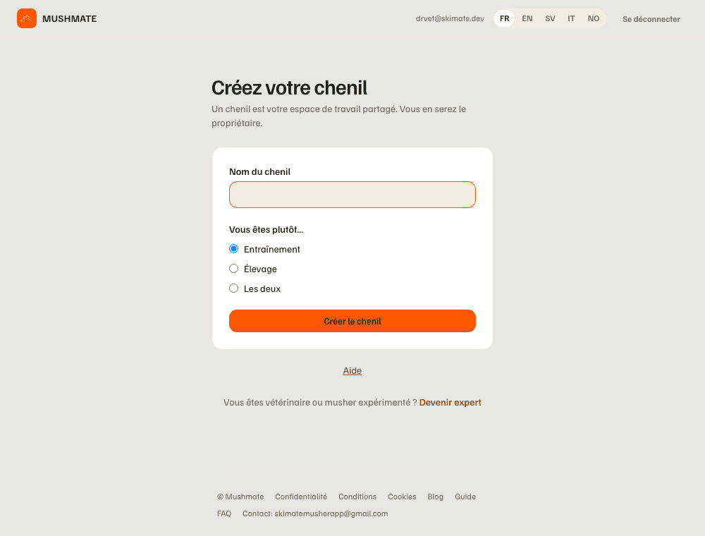 Le formulaire « Créez votre chenil » : le nom du chenil et l'orientation.