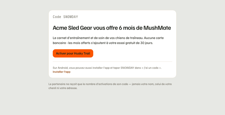 La même page pour un musher déjà connecté : le bouton « Activer pour Husky Trail ».