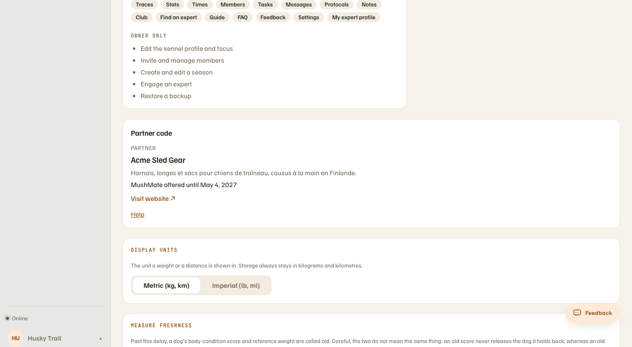 The partner's card in Settings: the name "Non-stop dogwear", its sentence, the offer's end date and the link to its website.