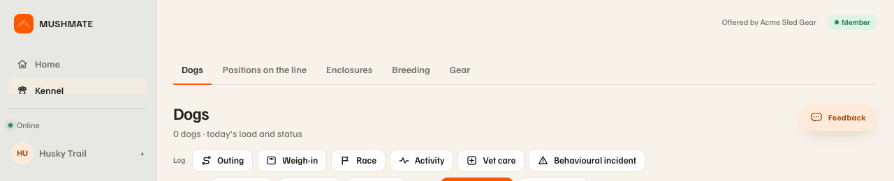 At the top of the screen: "Offered by Non-stop dogwear", next to the "Member" pill.