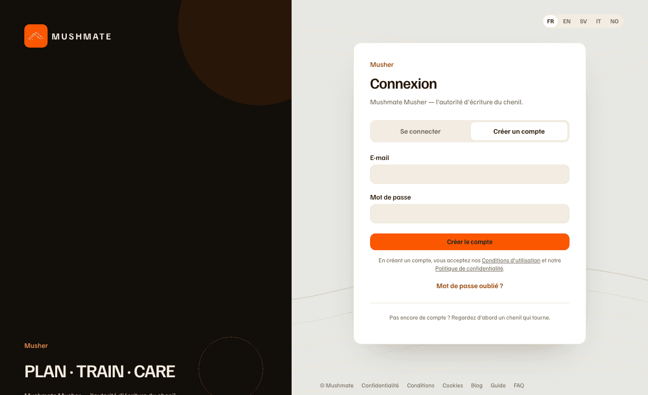 L'onglet « Créer un compte » : l'adresse e-mail, le mot de passe et le bouton « Créer le compte ».
