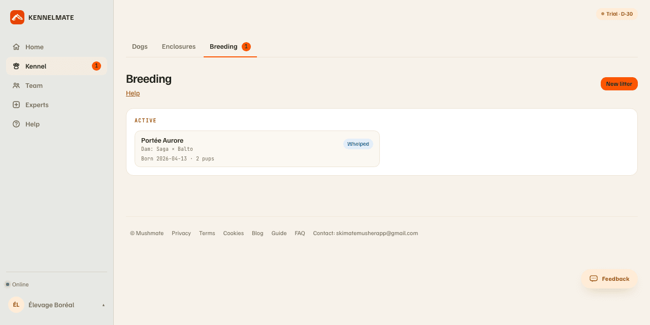 The Breeding page: the "Ongoing" litters and the "New litter" button.