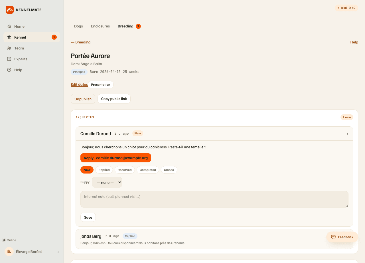 A litter's "Inquiries" block: a visitor, their message, the statuses and the puppy concerned.