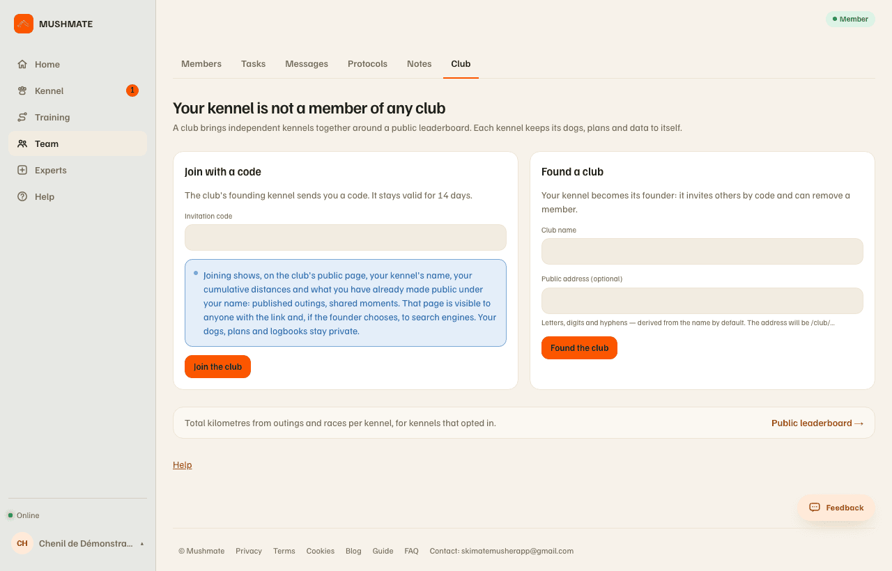 The Club page of a kennel with no club: "Join with a code" and "Found a club".