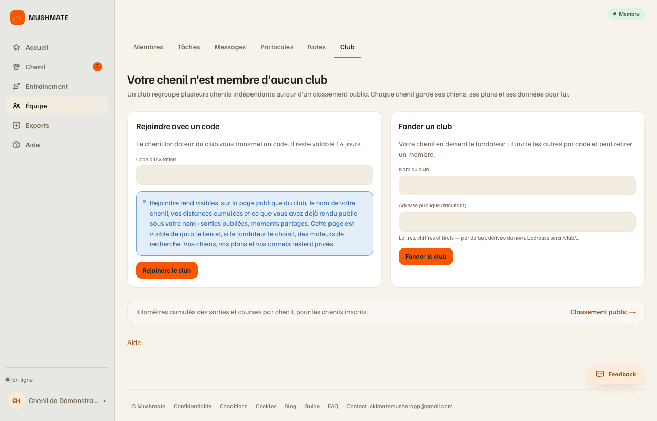 La page Club d'un chenil sans club : « Rejoindre avec un code » et « Fonder un club ».