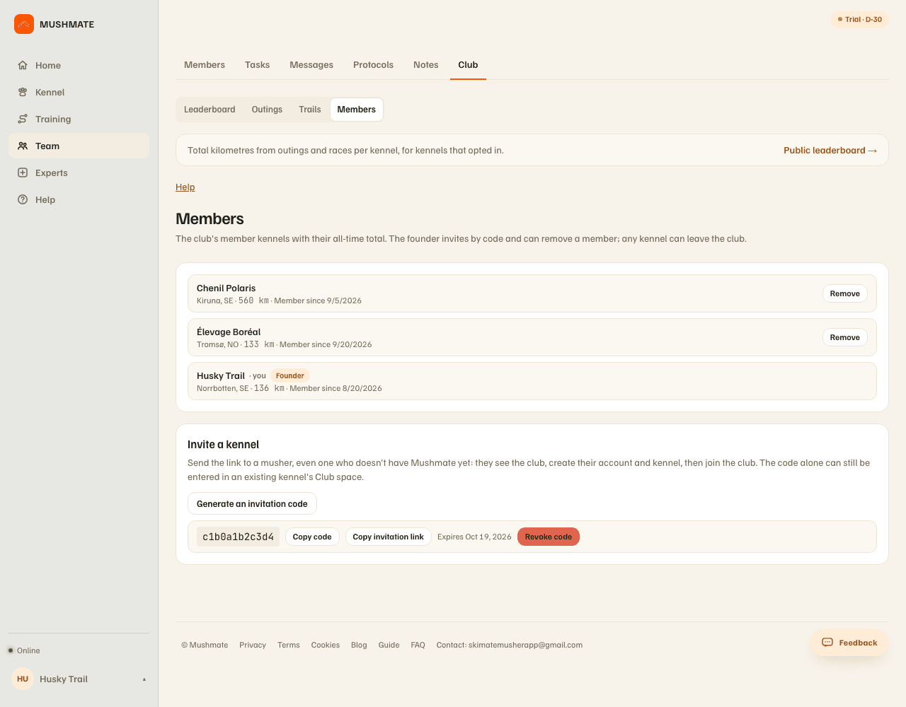 The Members tab: the club's kennels, the "Founder" badge, "Invite a kennel" and the invitation code.