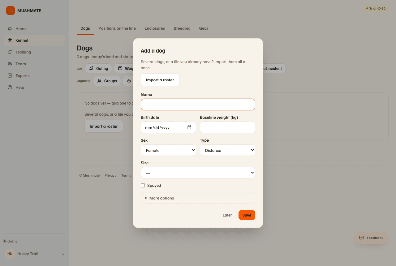 The "Add a dog" form, open right after the kennel is created.