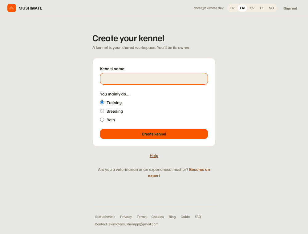 The "Create your kennel" form: the kennel's name and its focus.