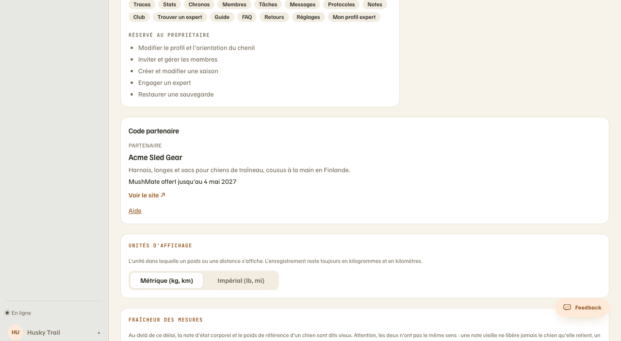 La carte du partenaire dans Réglages : le nom « Non-stop dogwear », sa phrase, la date de fin de l'offre et le lien vers son site.