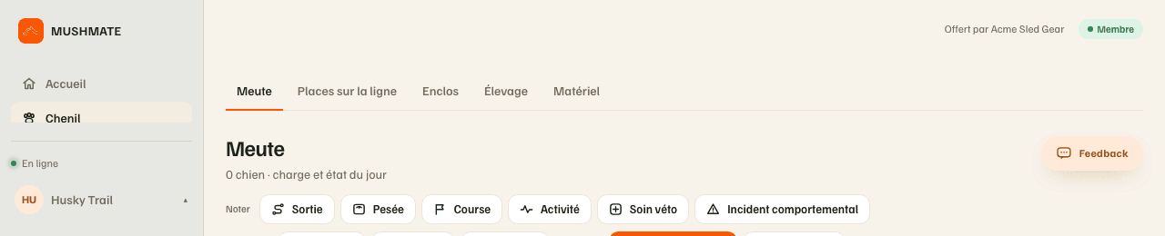 En haut de l'écran : « Offert par Non-stop dogwear », à côté de la pastille « Membre ».