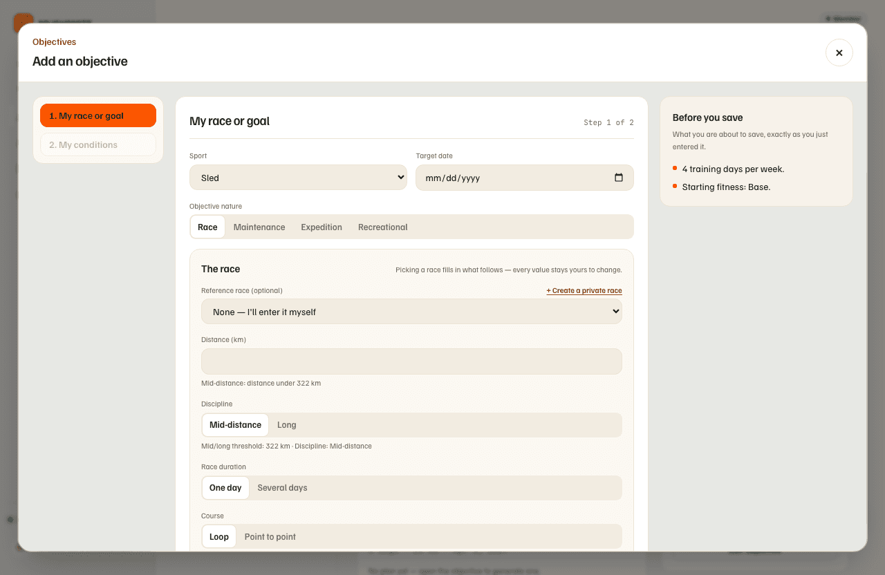 The "Add an objective" form, "My race or goal" step.