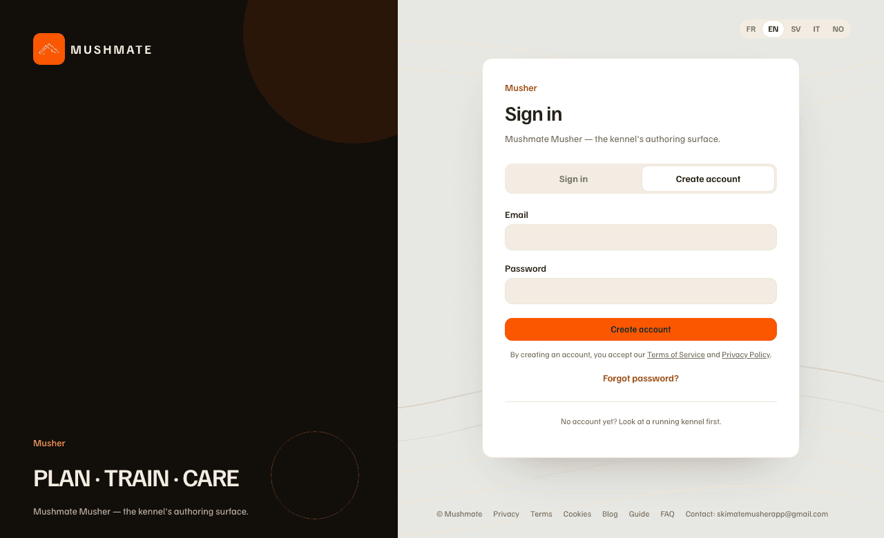 The "Create account" tab: the e-mail address, the password and the "Create account" button.