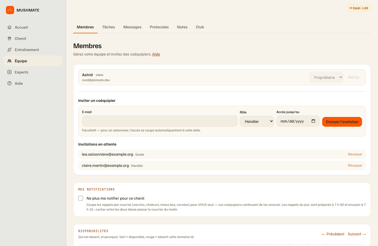 L'onglet Membres : le formulaire d'invitation, deux invitations en attente, et la liste de l'équipe