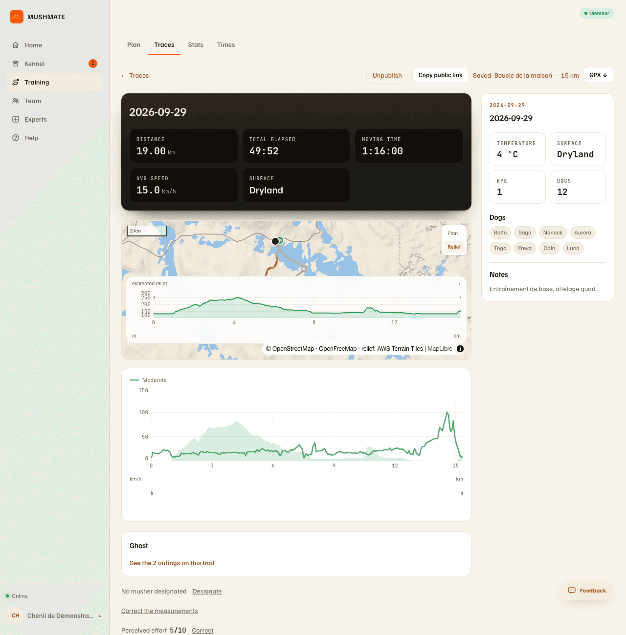 A GPS run's recap: the key figures, the map, the speed graph and the team.